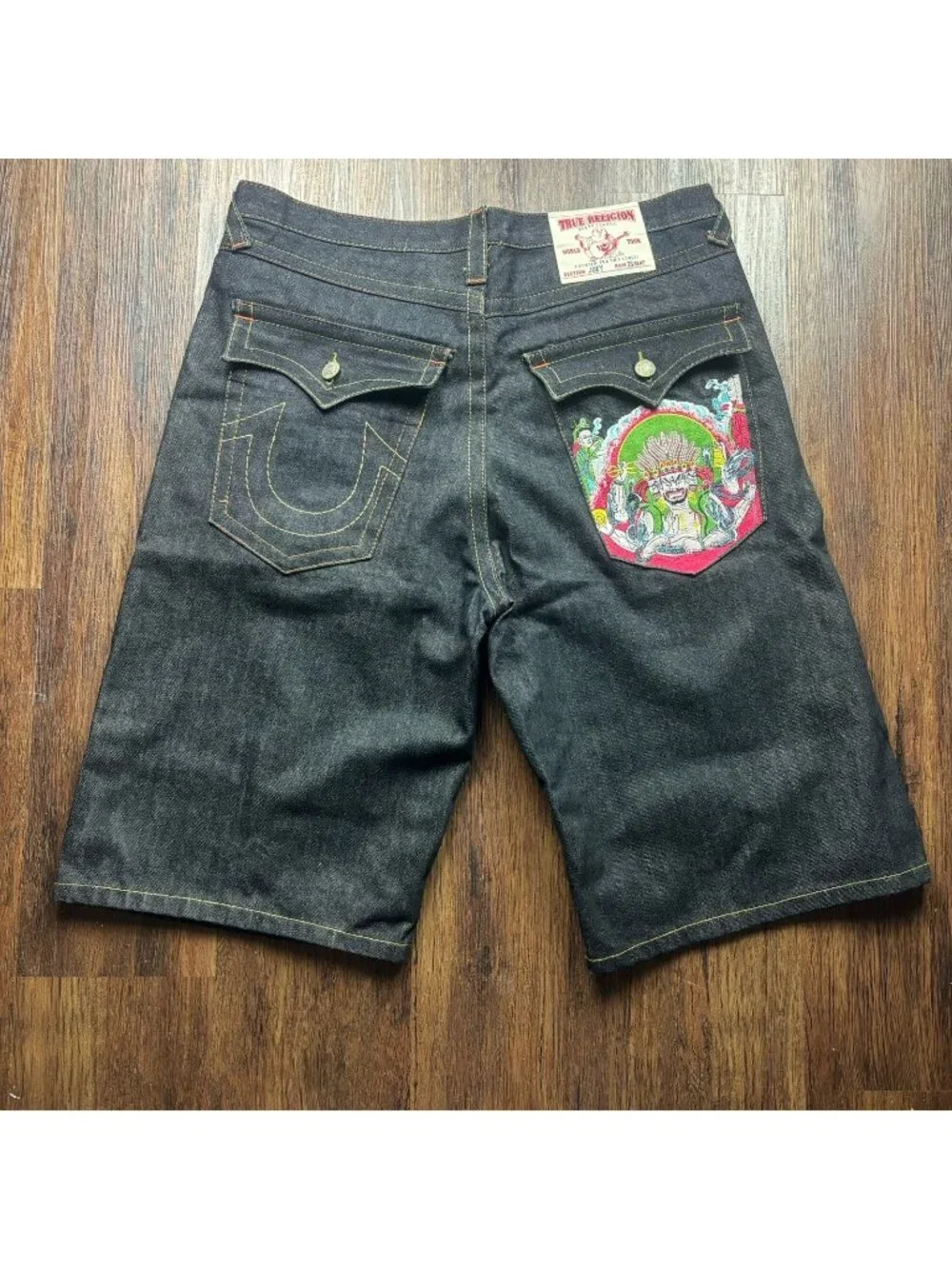 Vintage Y2K Mens 38 True Religion Buddha Embroidered Jorts Denim Jean Shorts